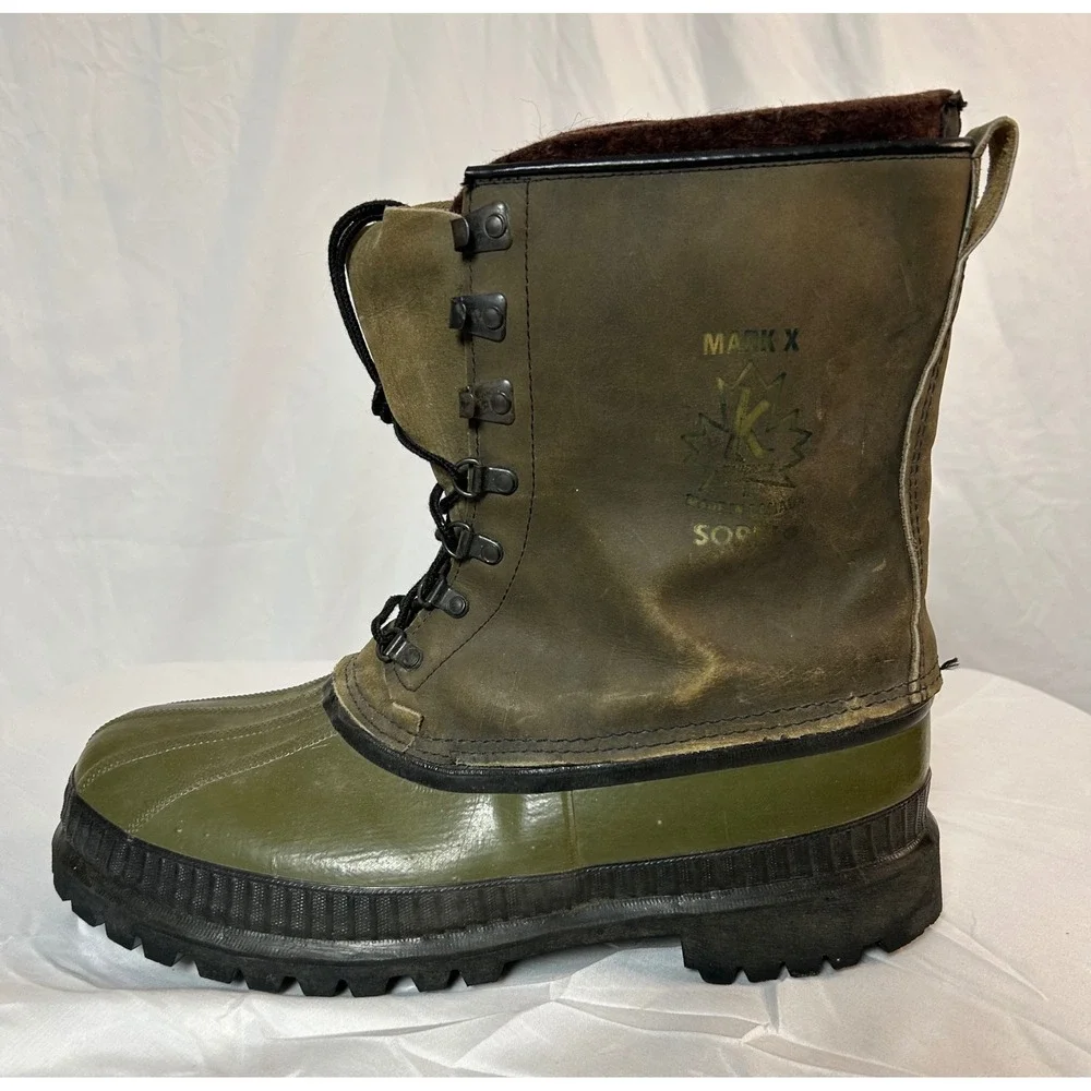 Vintage Sorel Mark X Kaufman Boots Olive Green Wool Liner Vibram Sole Canada 12